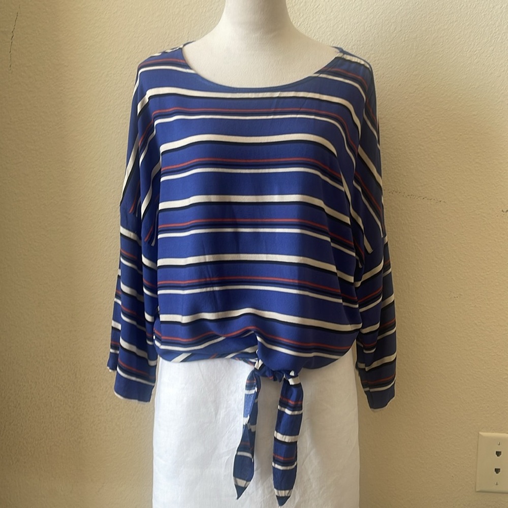 Mossimo 3/4 Sleeve Blue Top with Stripes & Belly Tie